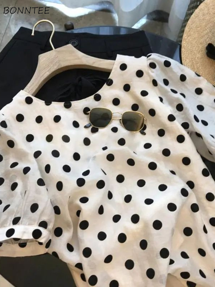 Summer Linen Clothing For Women - Blus Polka Dot wanita elegan musim