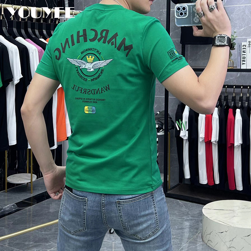 Summer Green Clothing - T-shirt Pria Bordir Leher Bulat Eropa