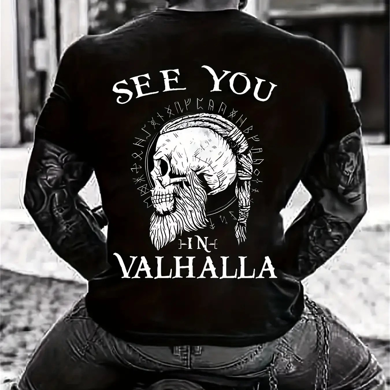 Summer Viking Clothing - Kaus Leher Kru Pria Desain Tengkorak