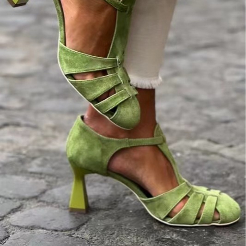 Summer Clothing Ladies - Sandal Wanita Hijau Suede Kitten Heel