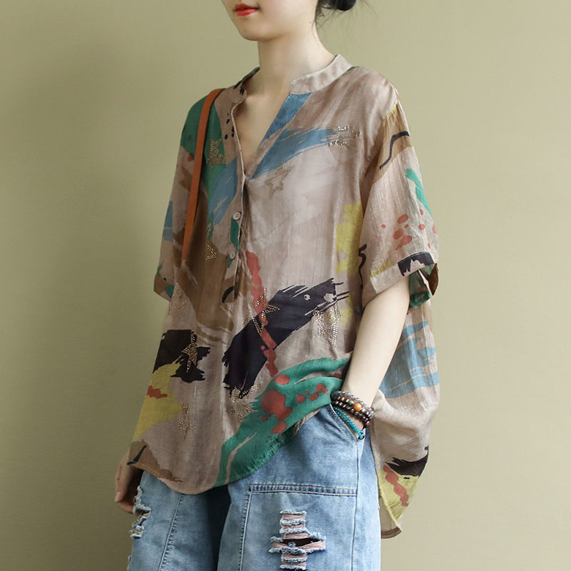 Summer Linen Clothing For Women - Blus wanita gaya Vintage China, atasan