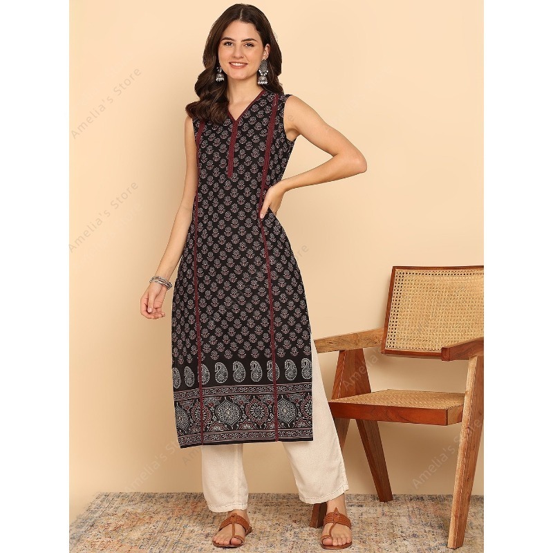 Summer Green Clothing - Atasan tunik kurta katun hitam hijau