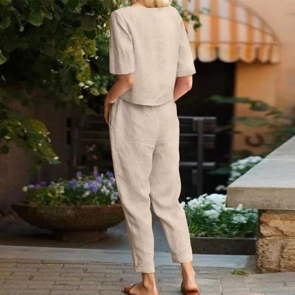 Summer Linen Clothing For Women - Setelan Wanita Lengan Pendek Katun Linen