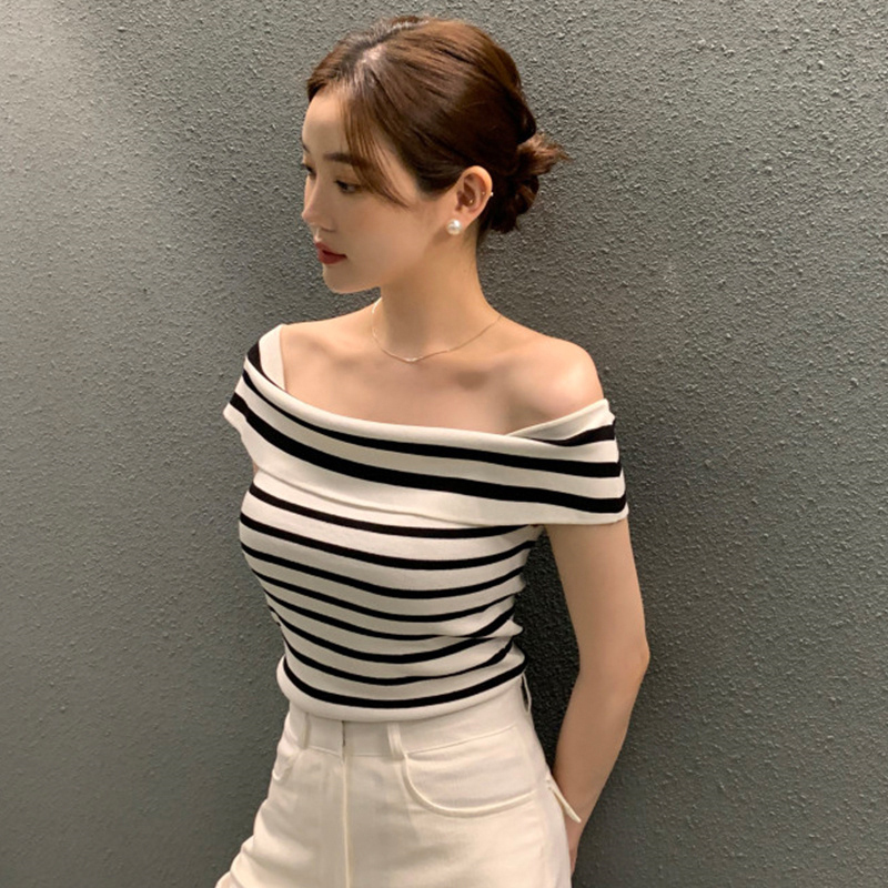 Summer Zara - Kaus rajut bergaris-garis wanita, atasan ramping