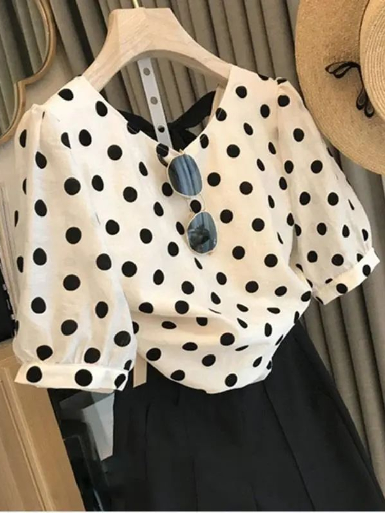 Blus Polka Dot wanita elegan m - Summer Linen Clothing For Women ulasan dan harga