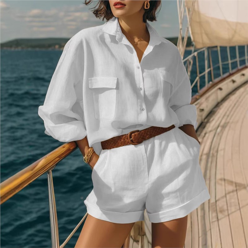 Setelan Dua Potong Biru Wanita - Summer Linen Clothing For Women ulasan dan harga