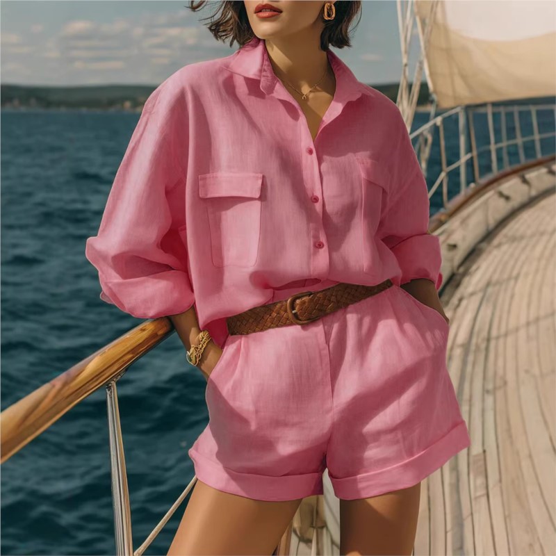 Setelan Dua Potong Biru Wanita - Summer Linen Clothing For Women ulasan dan harga