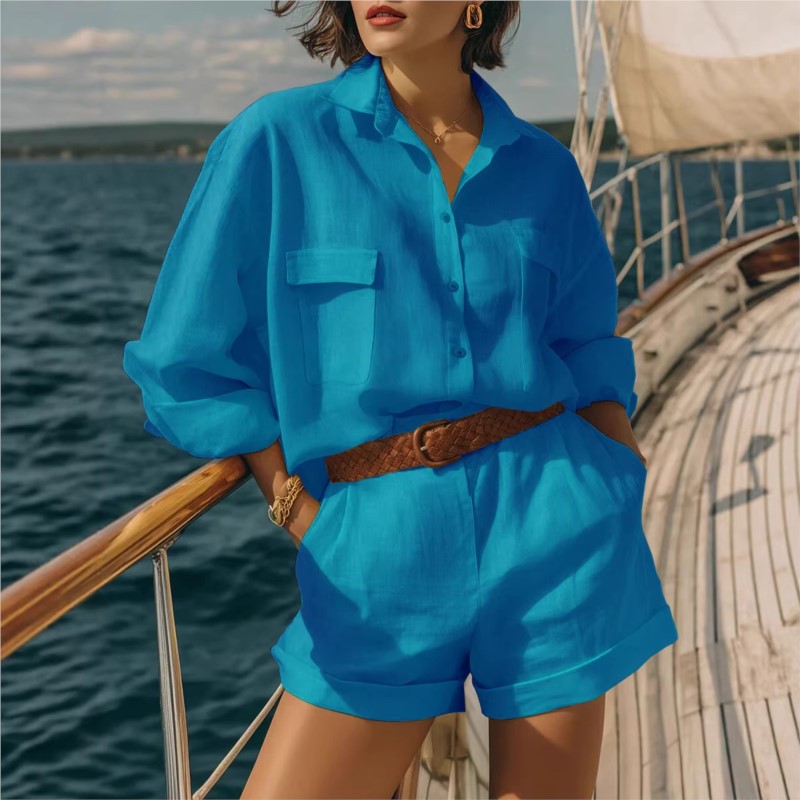 Setelan Dua Potong Biru Wanita - Summer Linen Clothing For Women ulasan dan harga