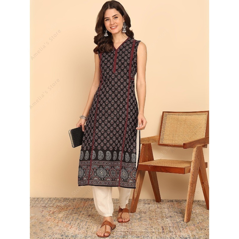 Atasan tunik kurta katun hitam - Summer Green Clothing ulasan dan harga